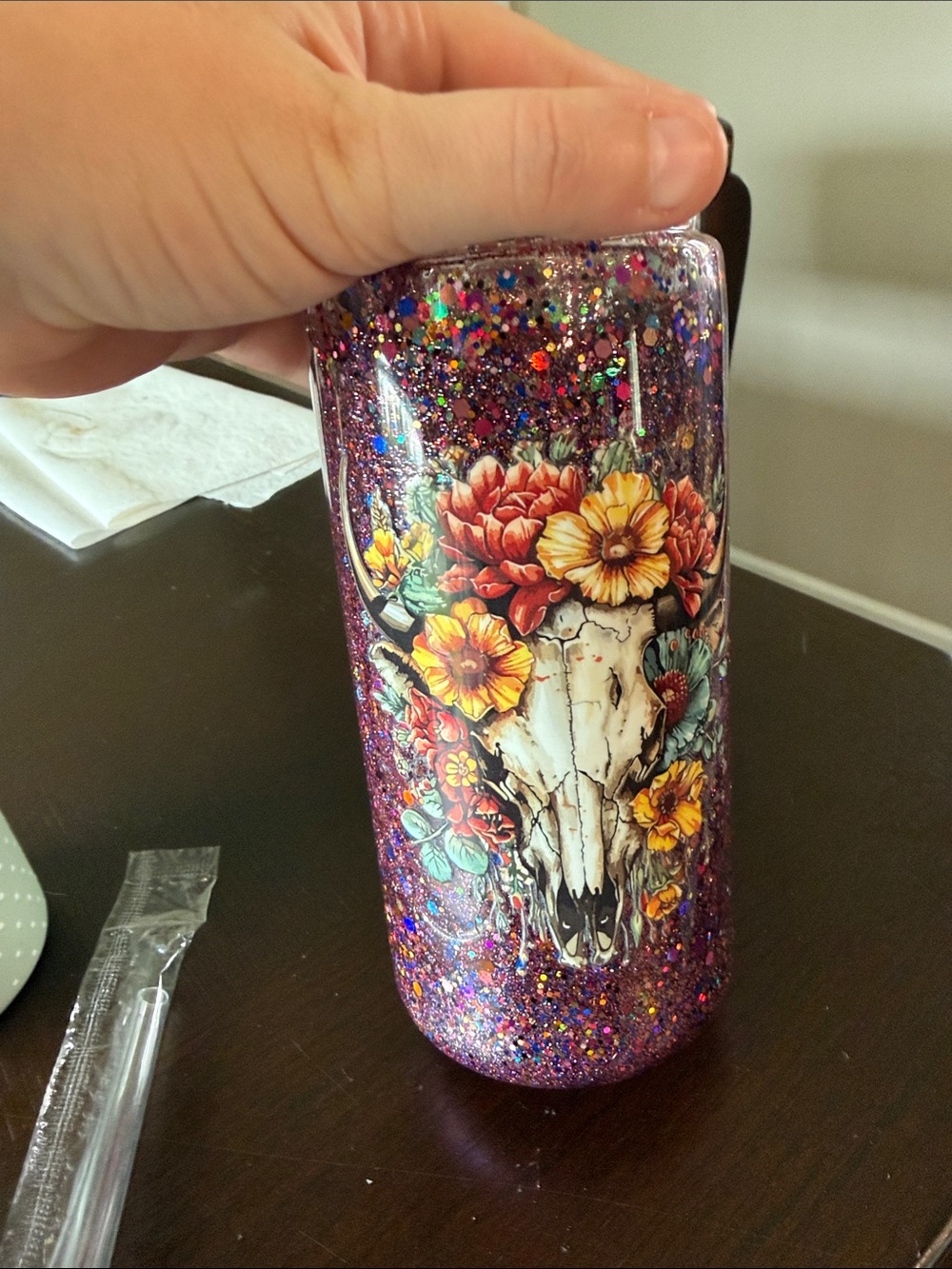 Purple Glitter Skull Floral Tumbler - Home Accents